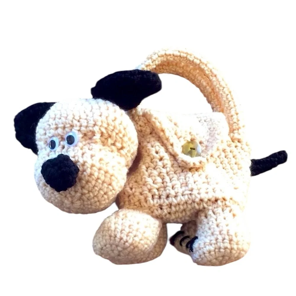 Hand Crafted Crochet Beige and Black Puppy Dog Purse Children’s Carry Toy